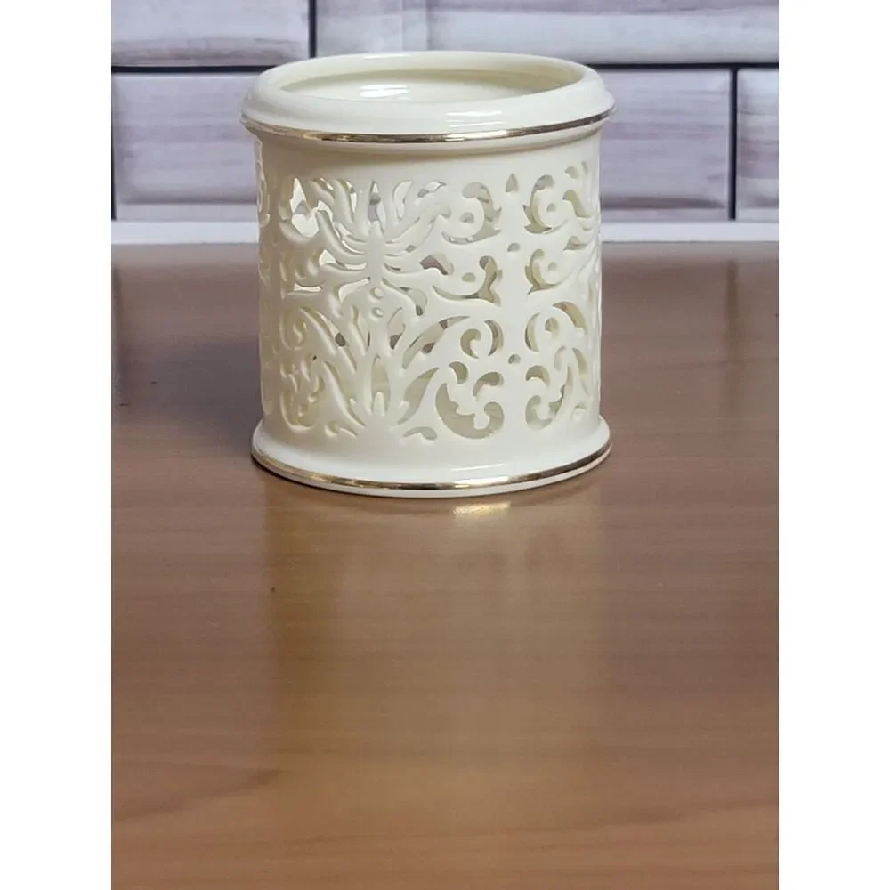Lenox Pierced Filigree Porcelain Votive Holder Cream Gold Trim
